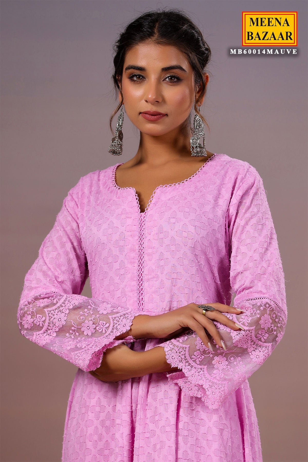 Mauve Cotton Kurti with Pants Threadwork, Zari, and Lace Embroidery