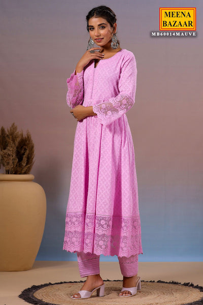 Mauve Cotton Kurti with Pants Threadwork, Zari, and Lace Embroidery