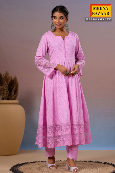 Mauve Cotton Kurti with Pants Threadwork, Zari, and Lace Embroidery