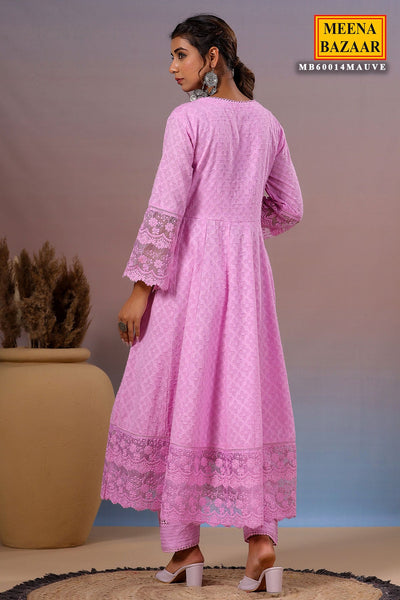 Mauve Cotton Kurti with Pants Threadwork, Zari, and Lace Embroidery