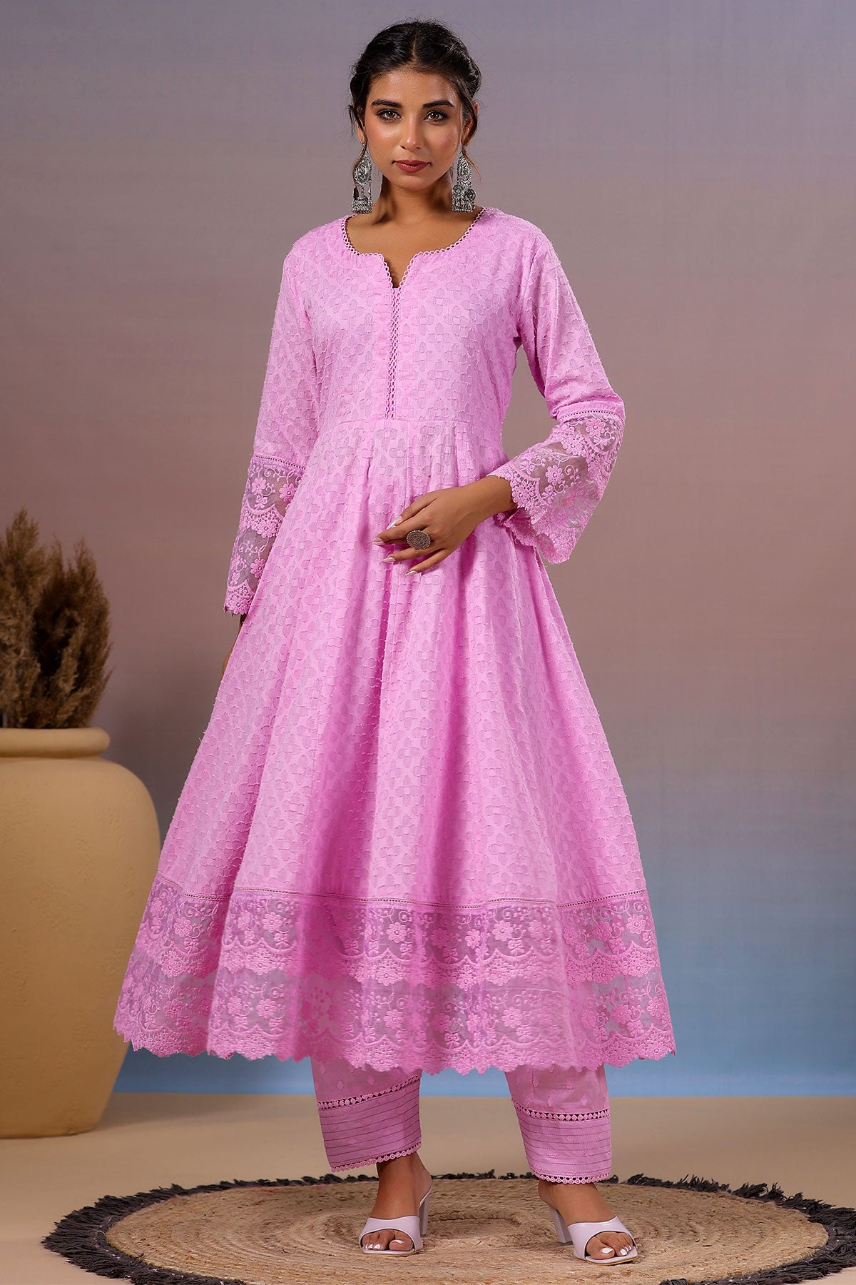 Mauve Cotton Kurti with Pants Threadwork, Zari, and Lace Embroidery