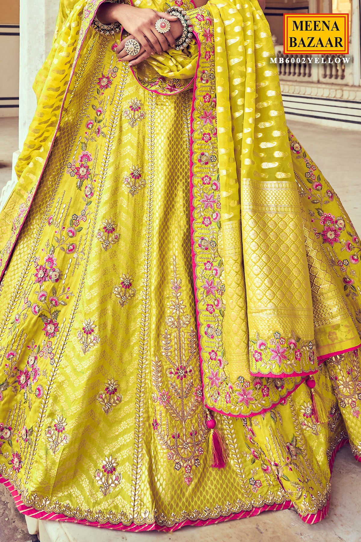 Bright yellow lehenga with pink chunni and a bronze gold blouse.. Found it  on their main web page | Indian fashion lehenga, Net lehenga, Indian dresses