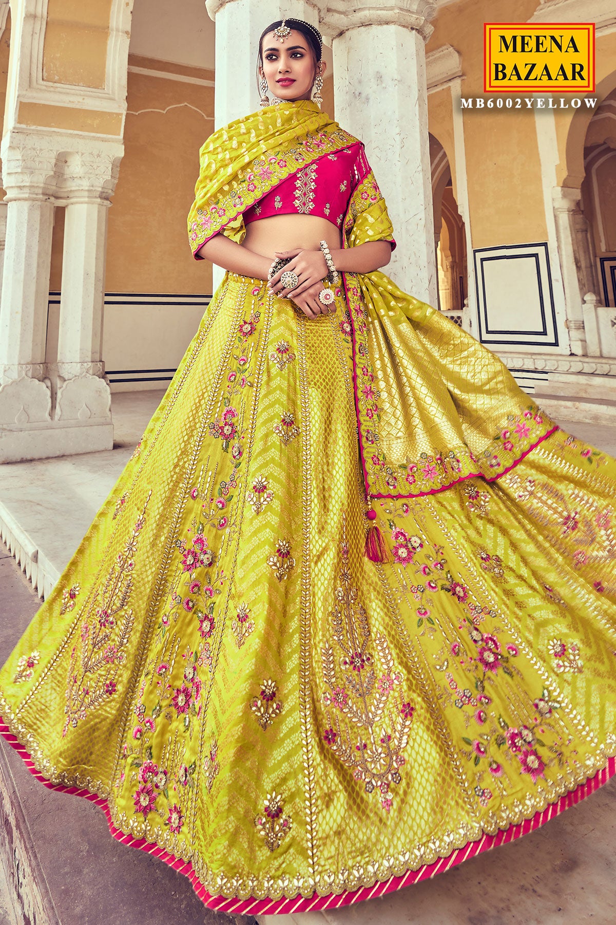 Meena Bazaar - Lehenga Saree with Net Ghera and Georgette Embroidery pallu  at BigIndianWedding.Com | Indian bridal wear, Indian attire, Indian outfits