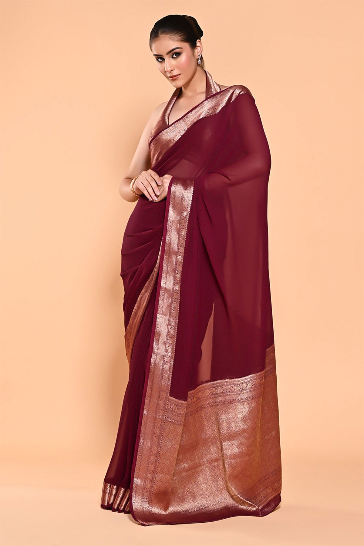 Wine Georgette Zari Woven Saree