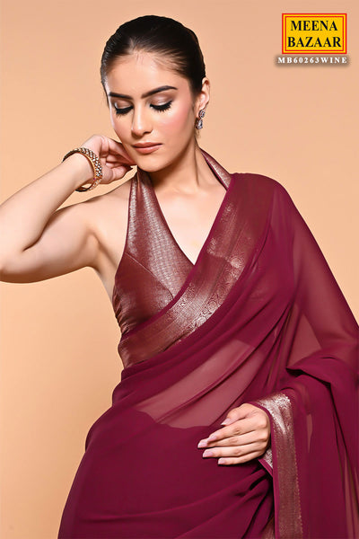 Wine Georgette Zari Woven Saree