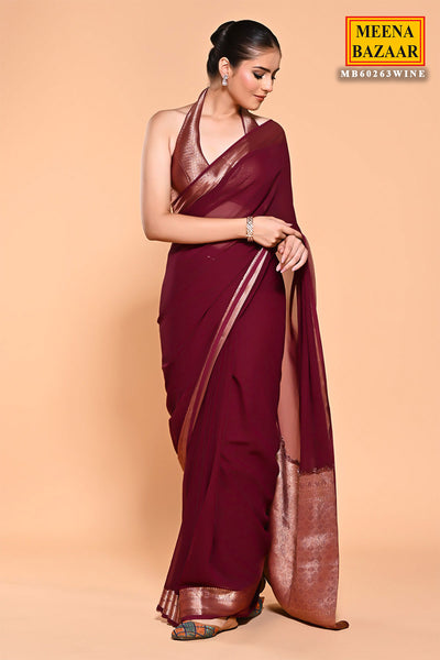 Wine Georgette Zari Woven Saree