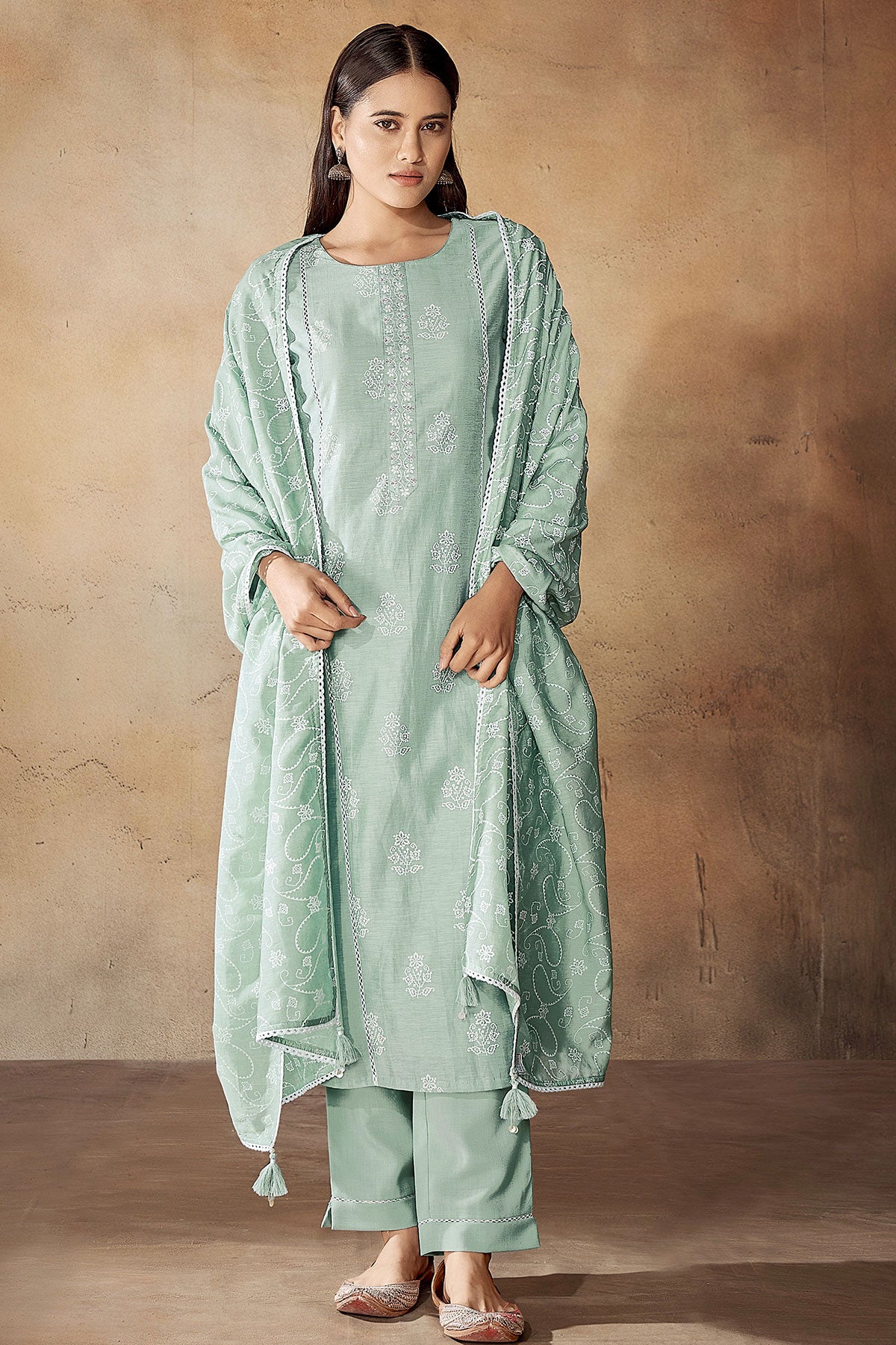 Sea Green Linen Cotton Printed Suit Set