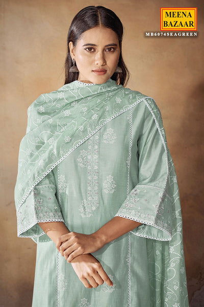 Sea Green Linen Cotton Printed Suit Set