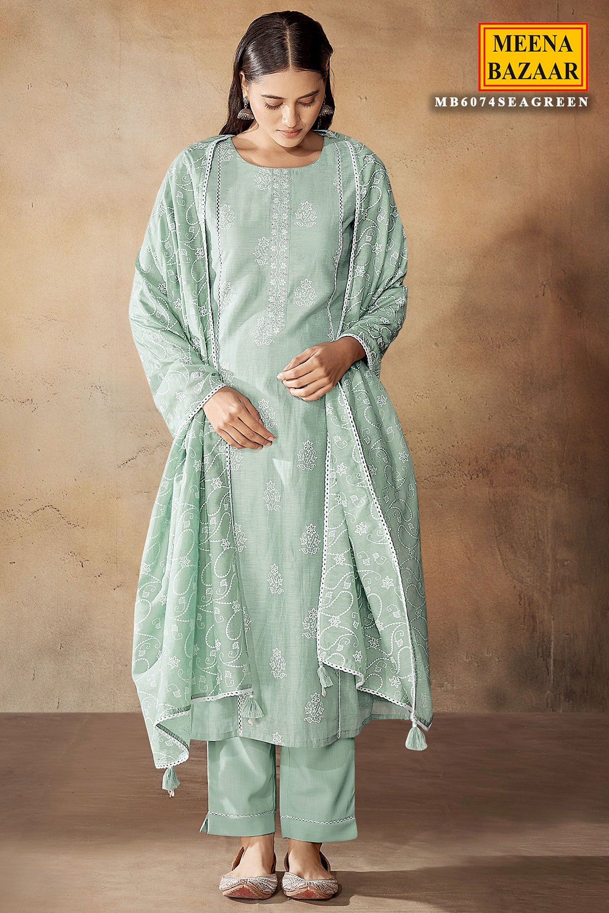 Sea Green Linen Cotton Printed Suit Set