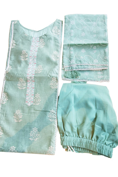 Sea Green Linen Cotton Printed Suit Set