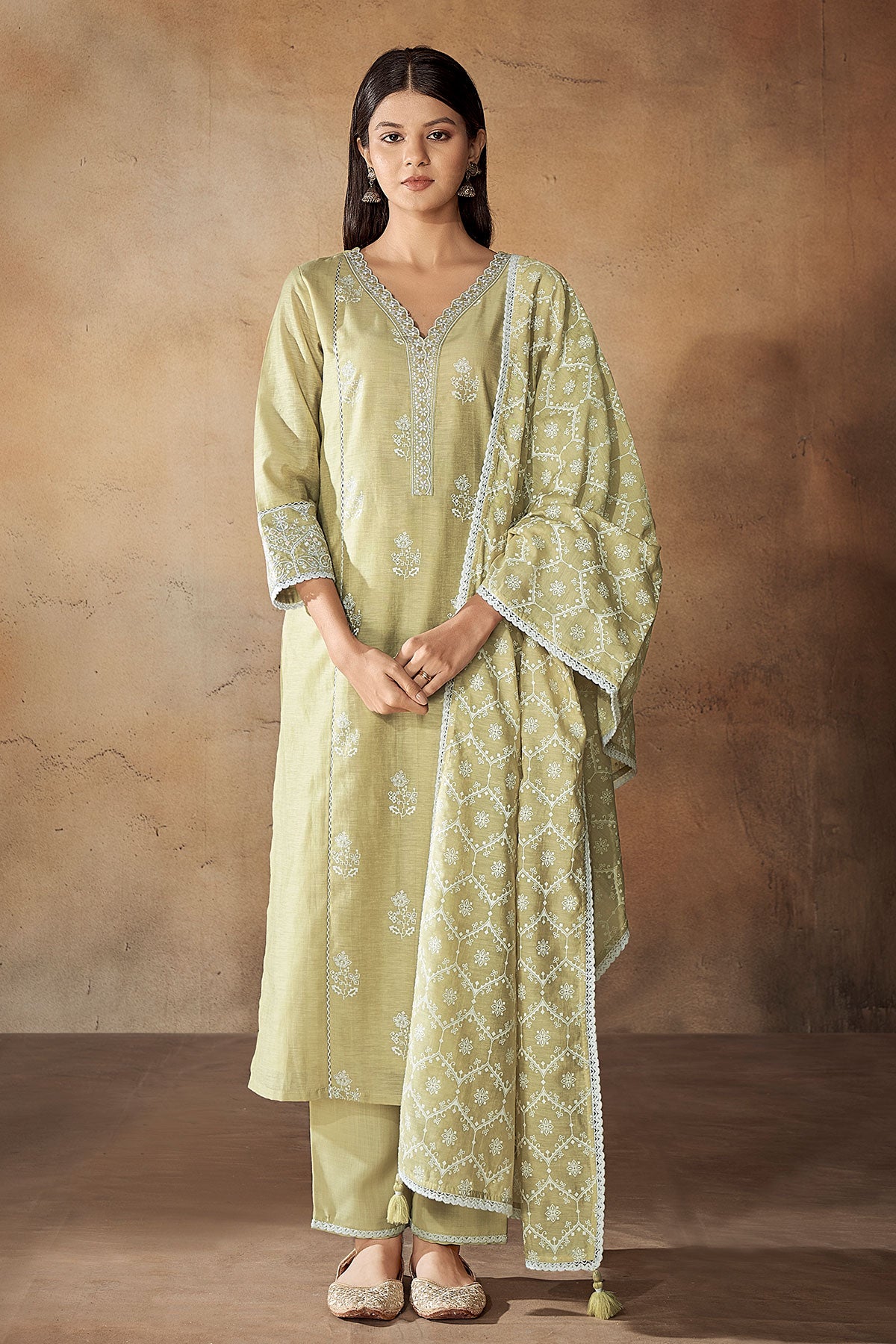 Pista Green Cotton Linen Floral Printed Neck Embroidered Suit Set