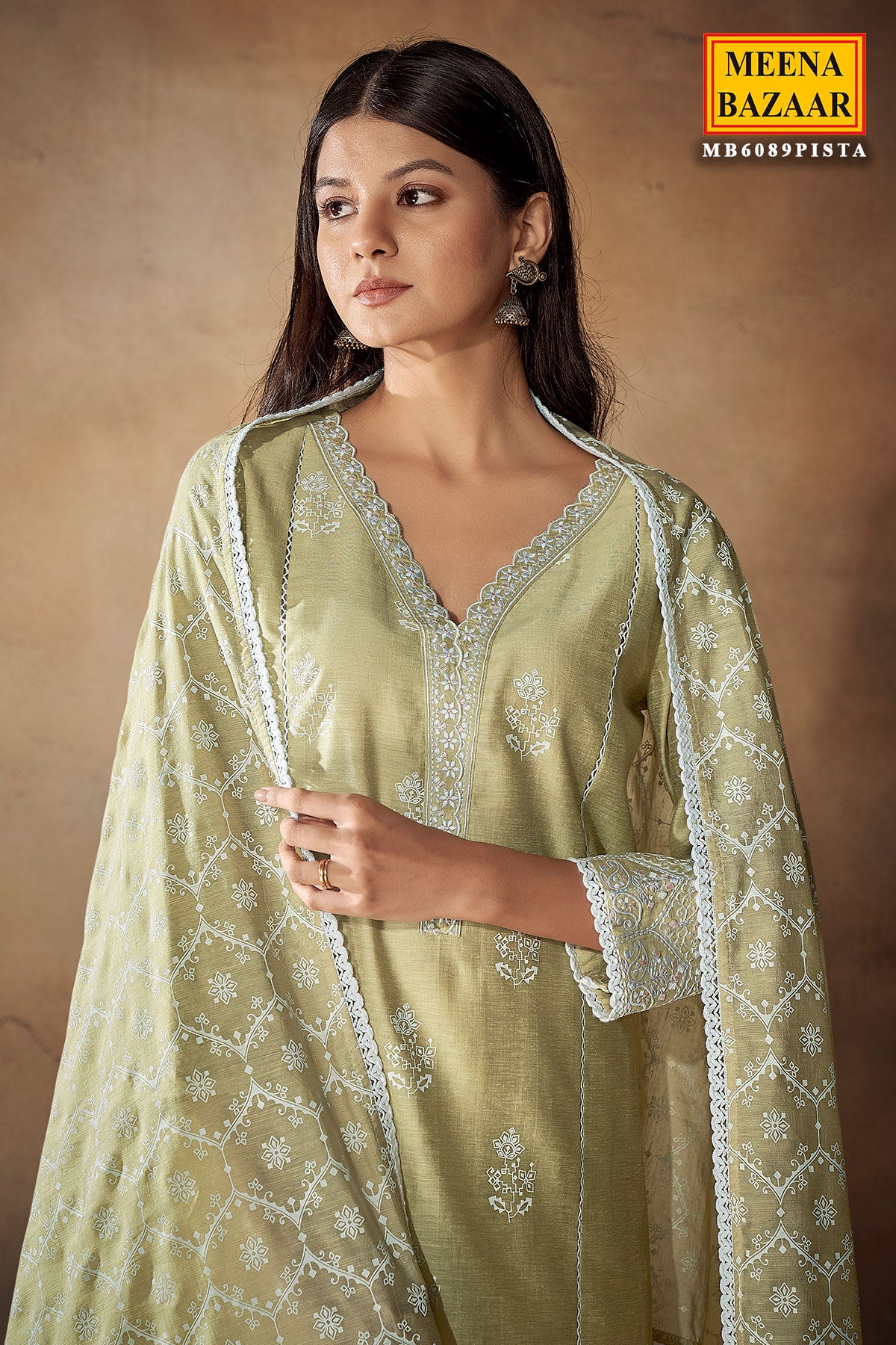 Pista Green Cotton Linen Floral Printed Neck Embroidered Suit Set