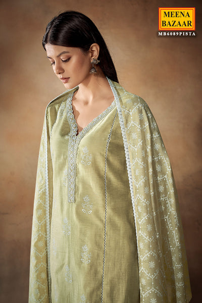 Pista Green Cotton Linen Floral Printed Neck Embroidered Suit Set