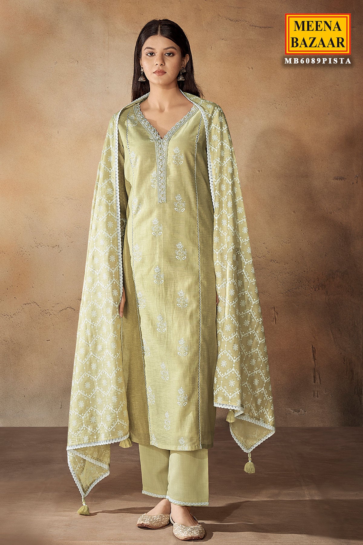 Pista Green Cotton Linen Floral Printed Neck Embroidered Suit Set