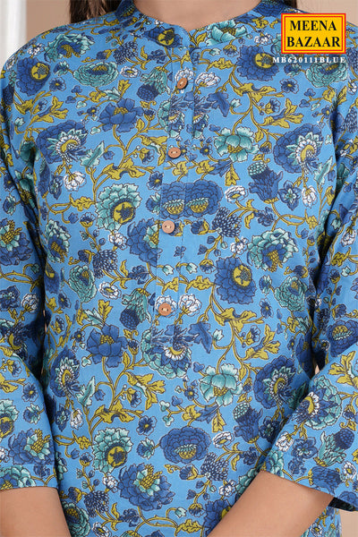 Blue Cotton Floral Printed Kurti