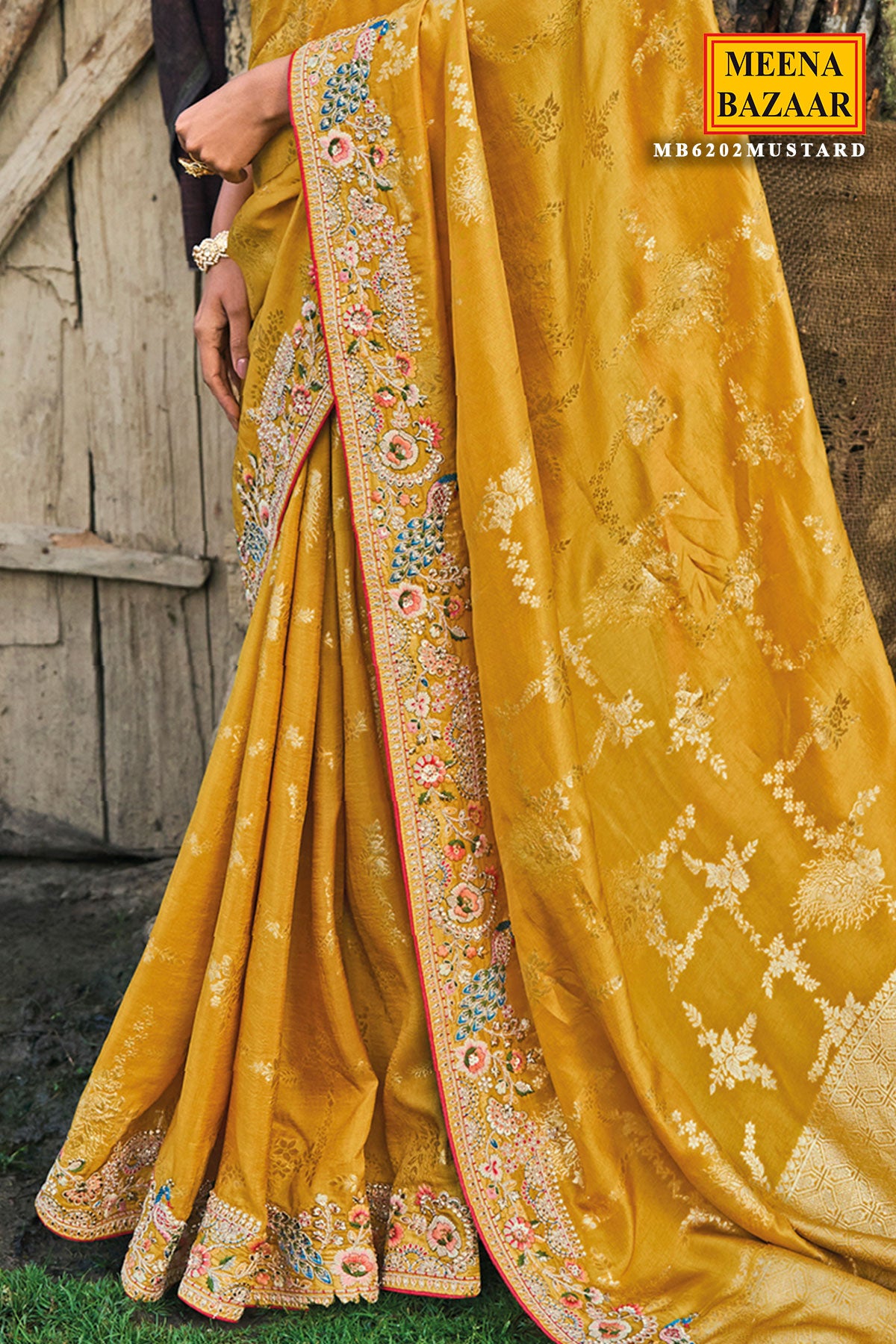 Mustard Banarsi Silk Zari Sequin Thread Embroidered Saree