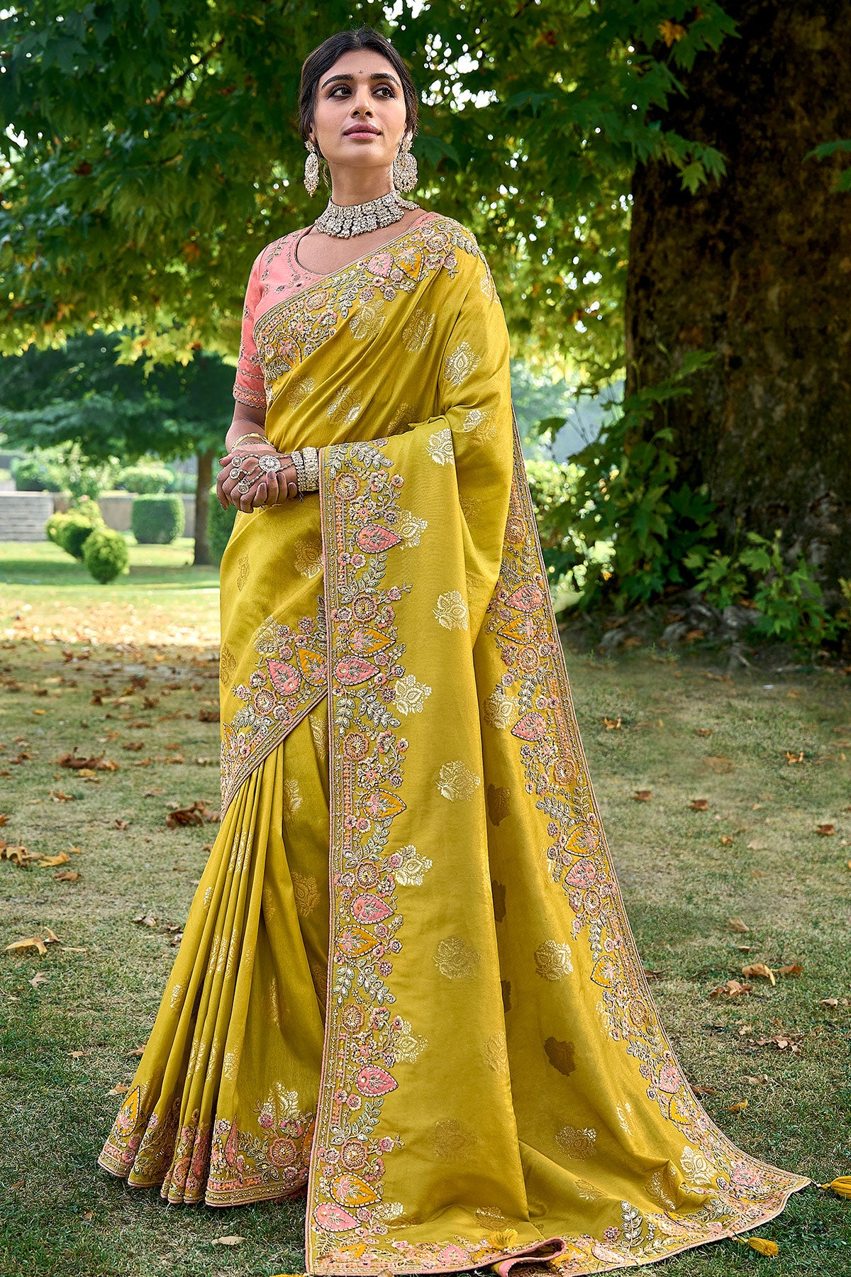 Mustard Tissue Organza Woven Embroidered Saree