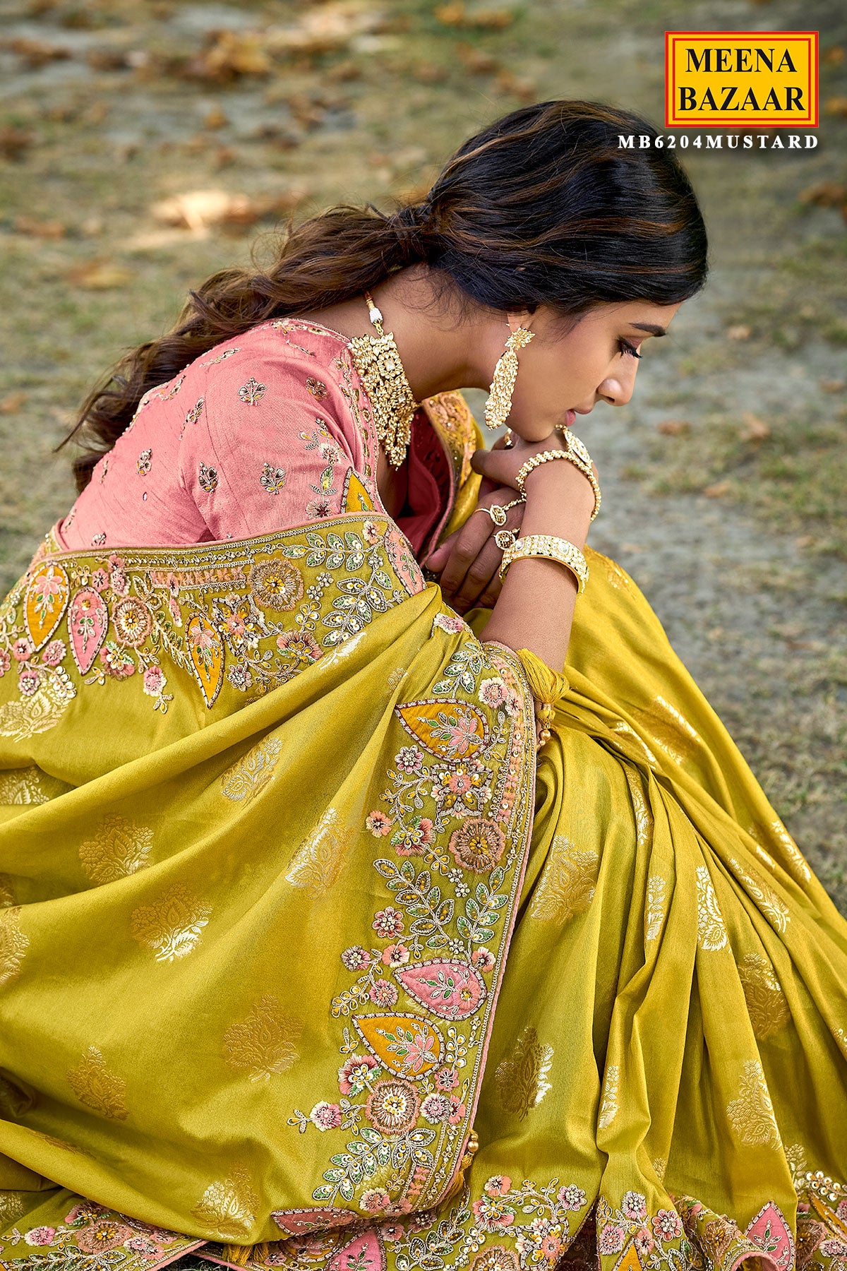 Mustard Tissue Organza Woven Embroidered Saree