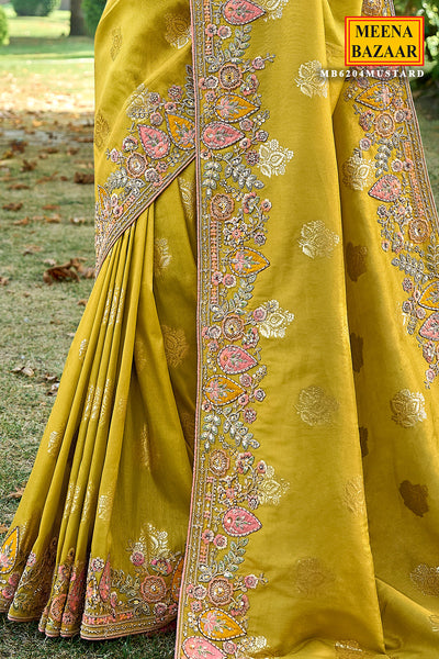 Mustard Tissue Organza Woven Embroidered Saree