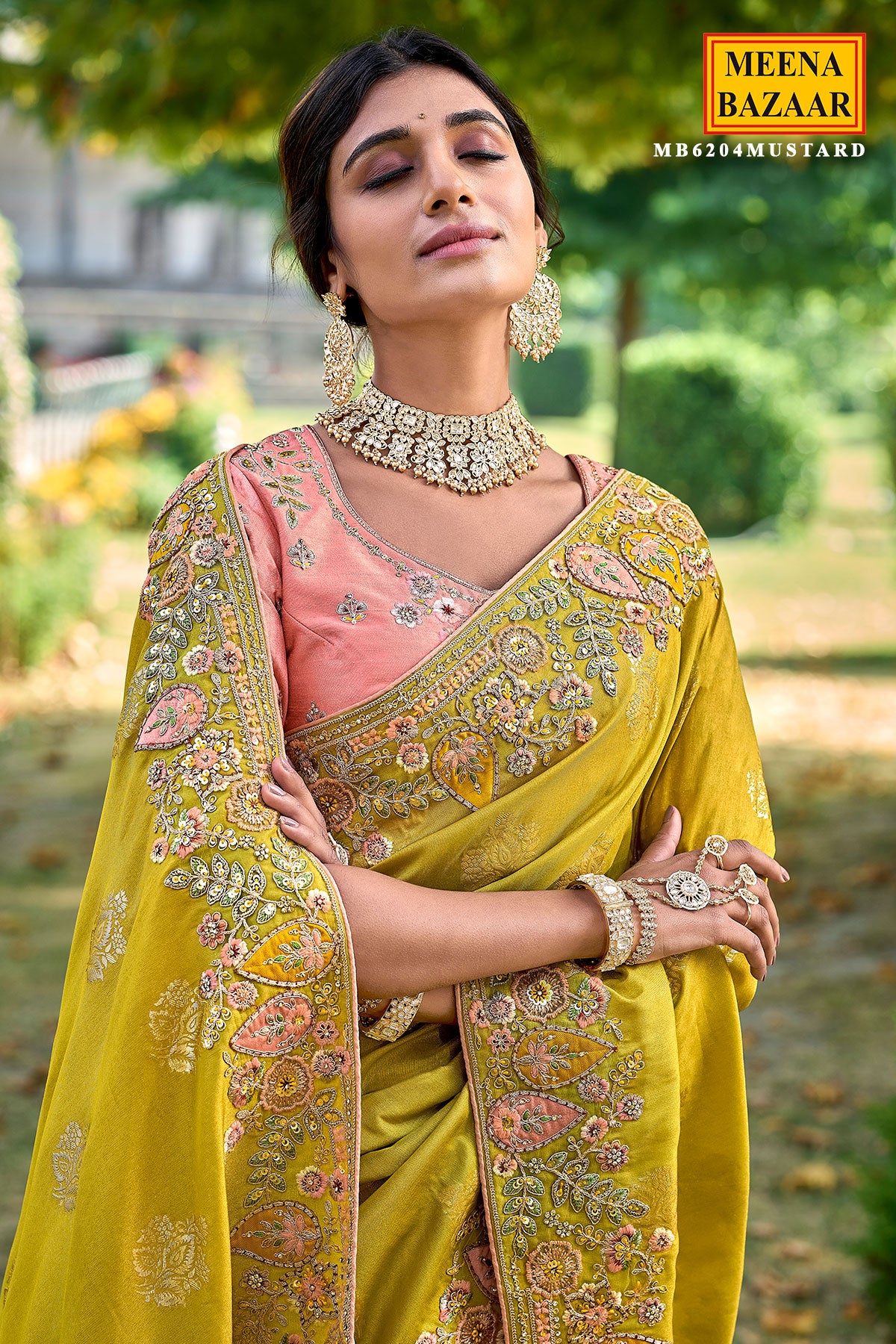 Mustard Tissue Organza Woven Embroidered Saree