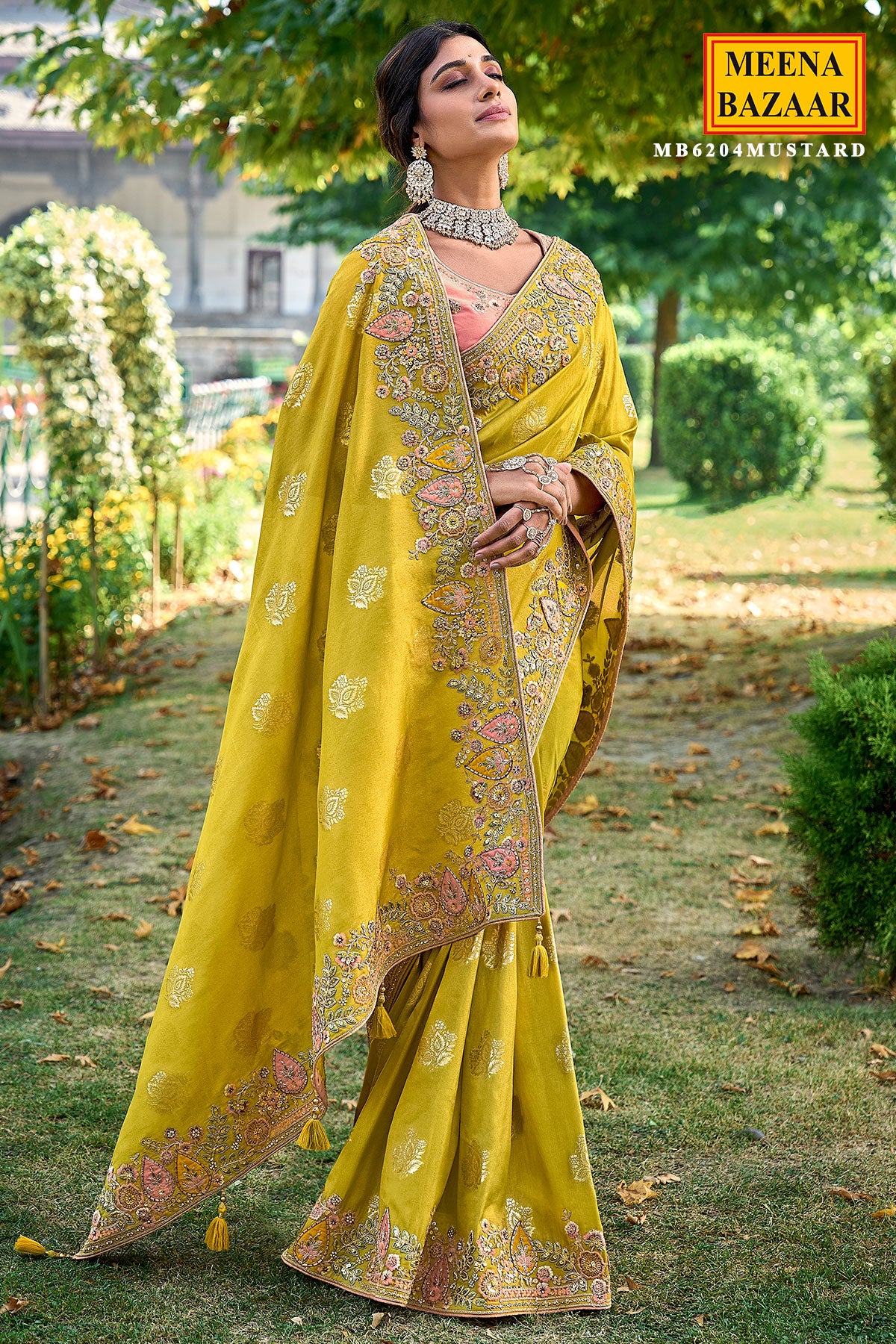 Mustard Tissue Organza Woven Embroidered Saree