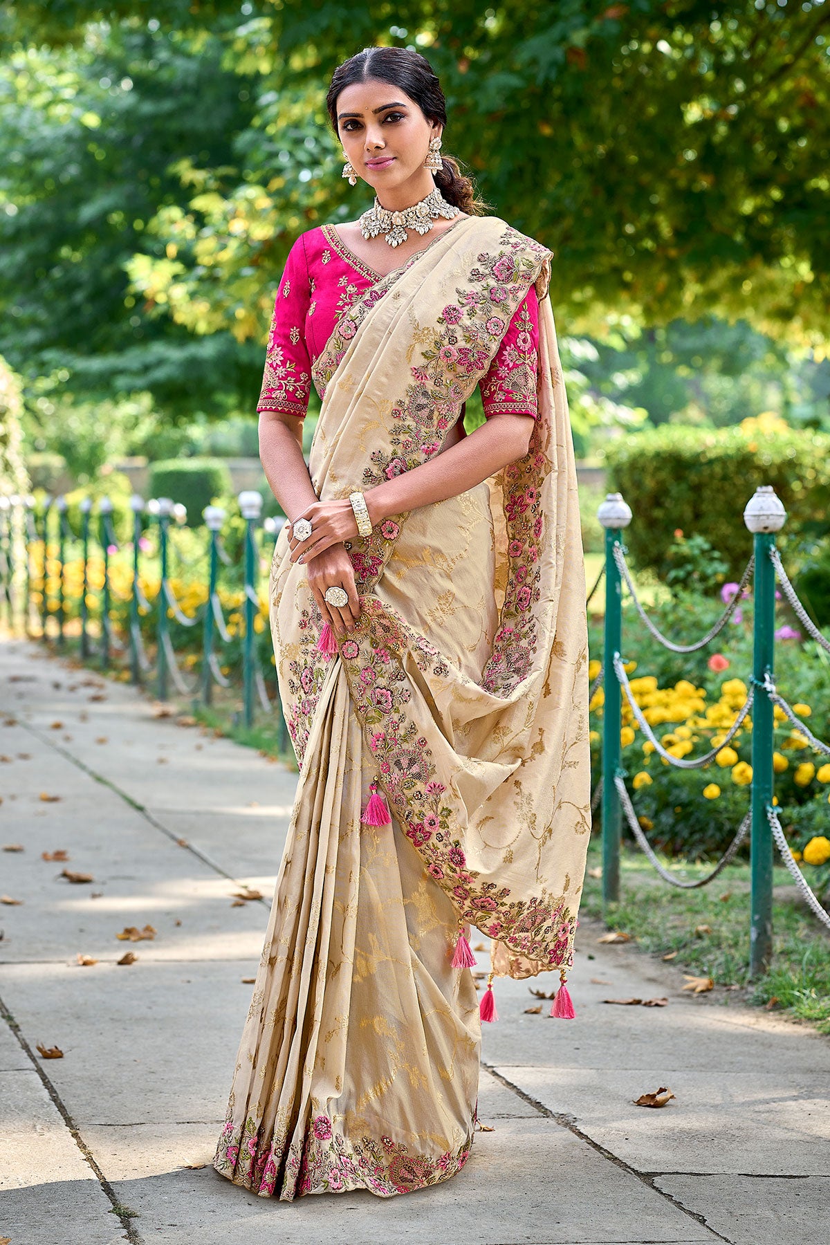Tussar Banarasi Silk Zari Sequin Thread Embroidered Saree