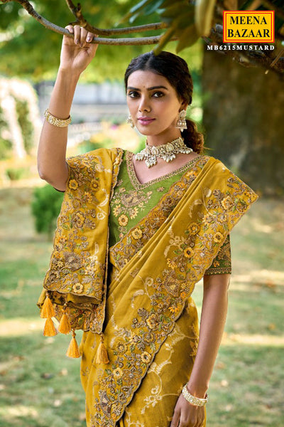 Mustard Tissue Organza Thread Embroidered Saree