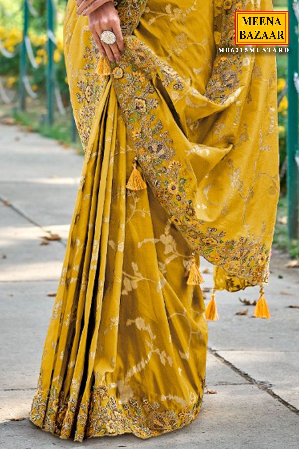 Mustard Tissue Organza Thread Embroidered Saree