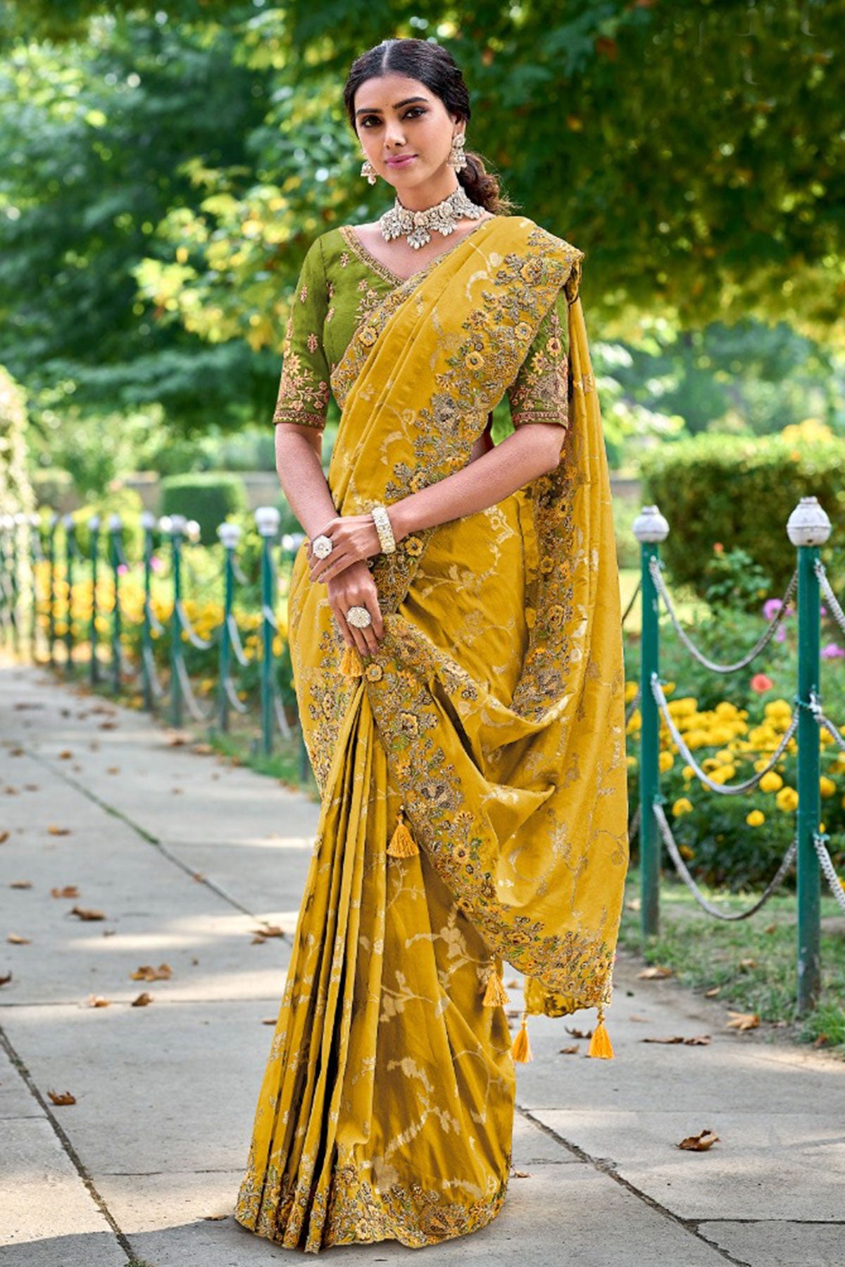 Mustard Tissue Organza Thread Embroidered Saree