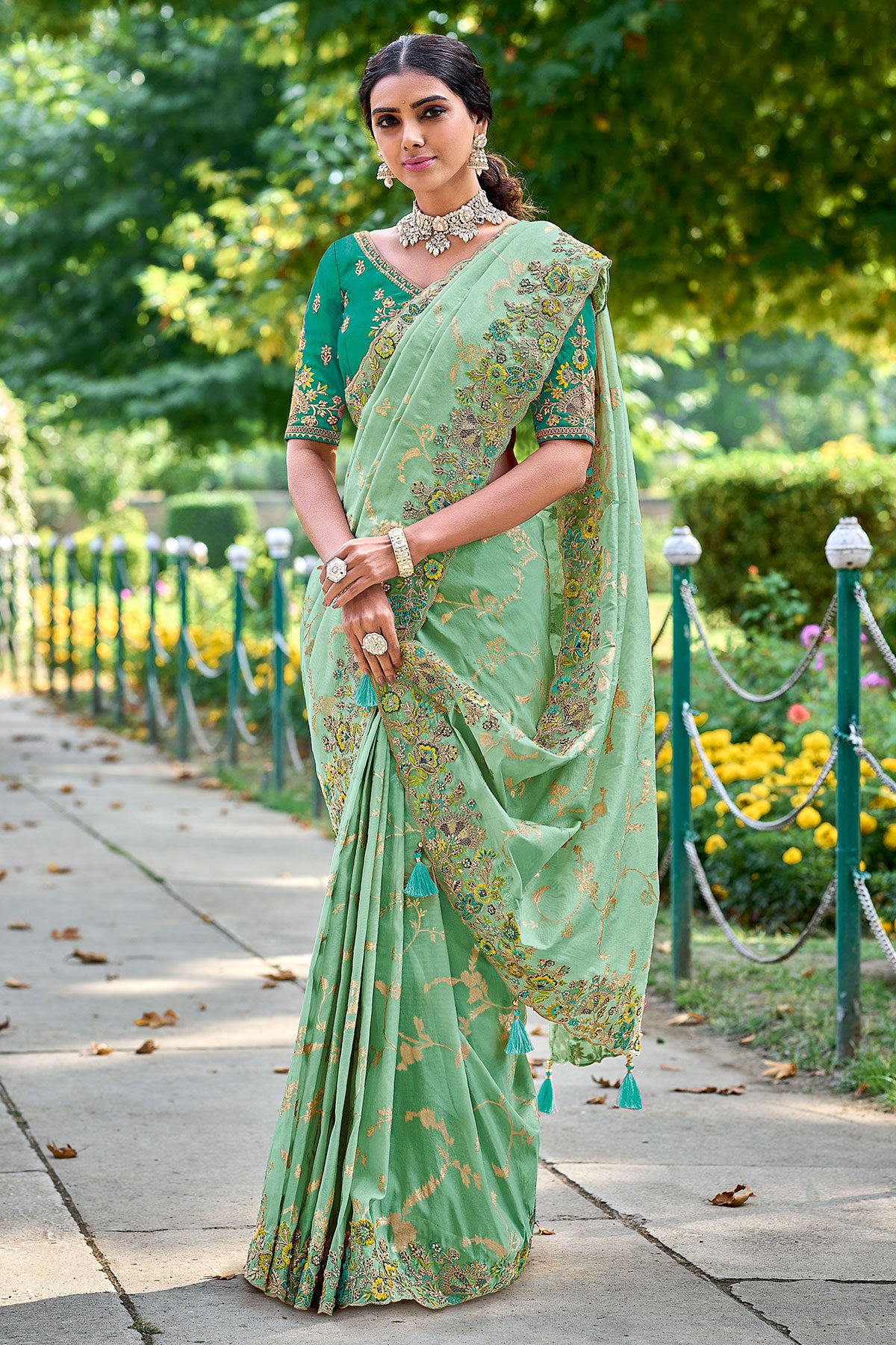 Sea Green Tissue Organza Embroidered Saree