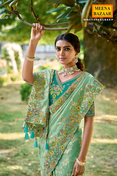 Sea Green Tissue Organza Embroidered Saree