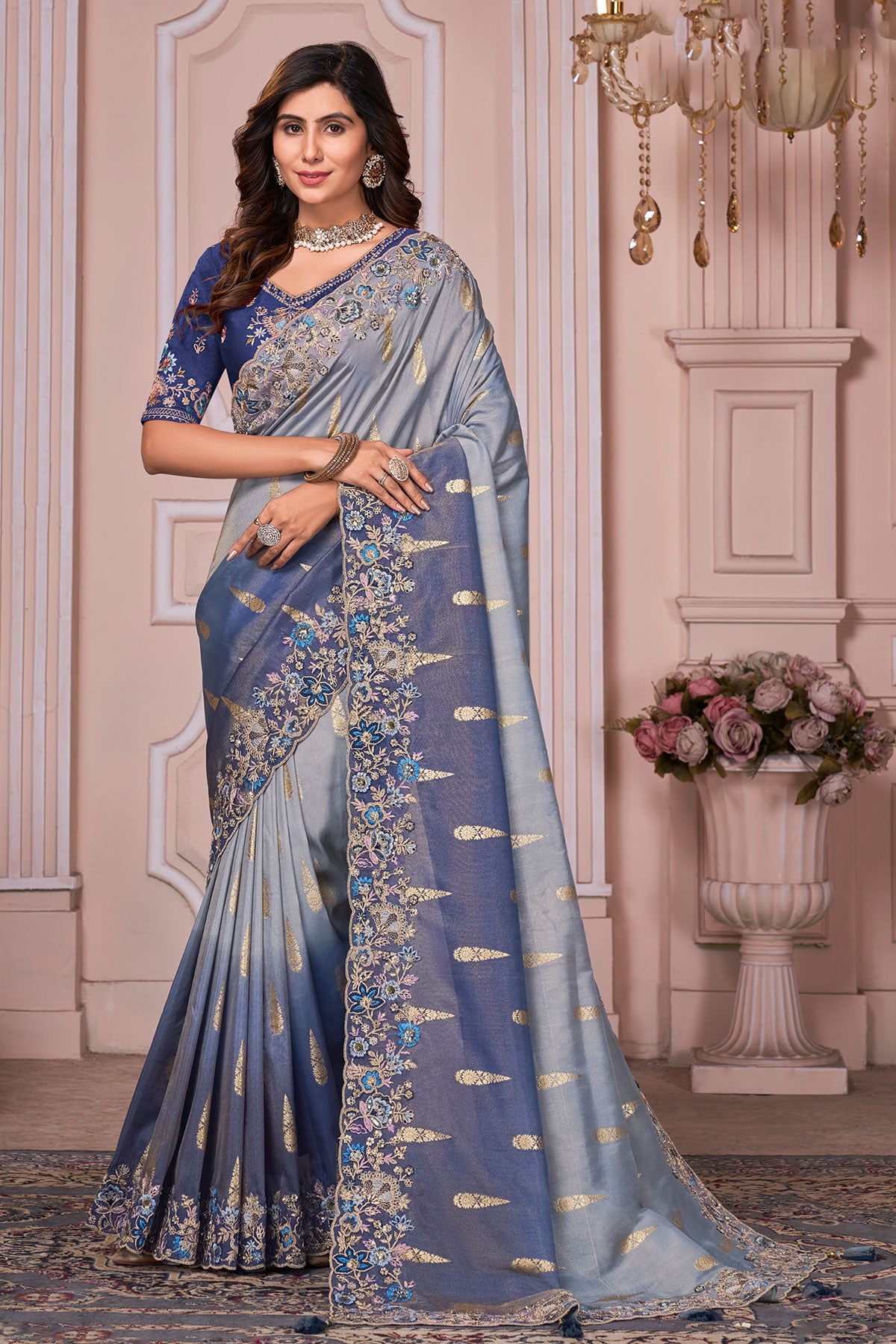 Blue Tissue Organza Embroidered Saree