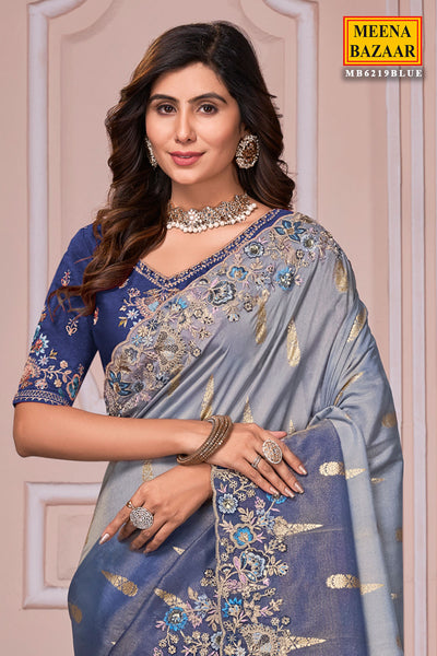 Blue Tissue Organza Embroidered Saree