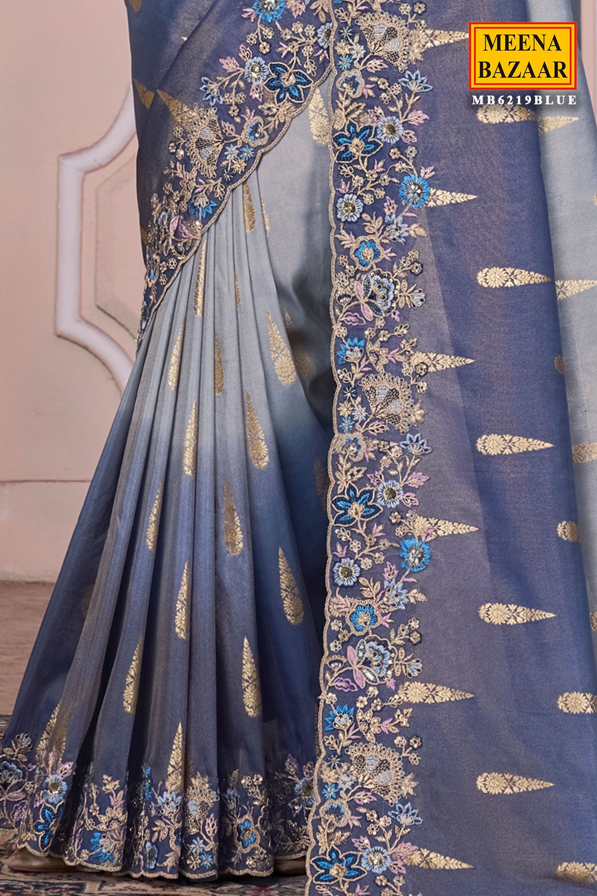 Blue Tissue Organza Embroidered Saree