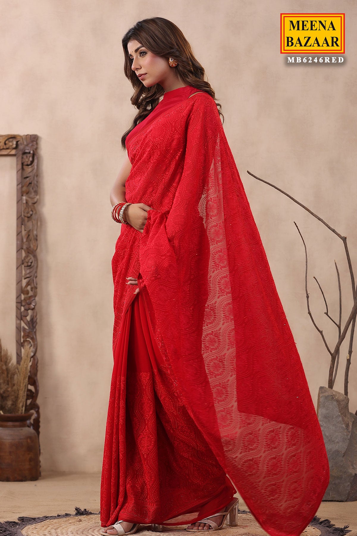 Red Georgette Floral Threadwork Embroidered Saree