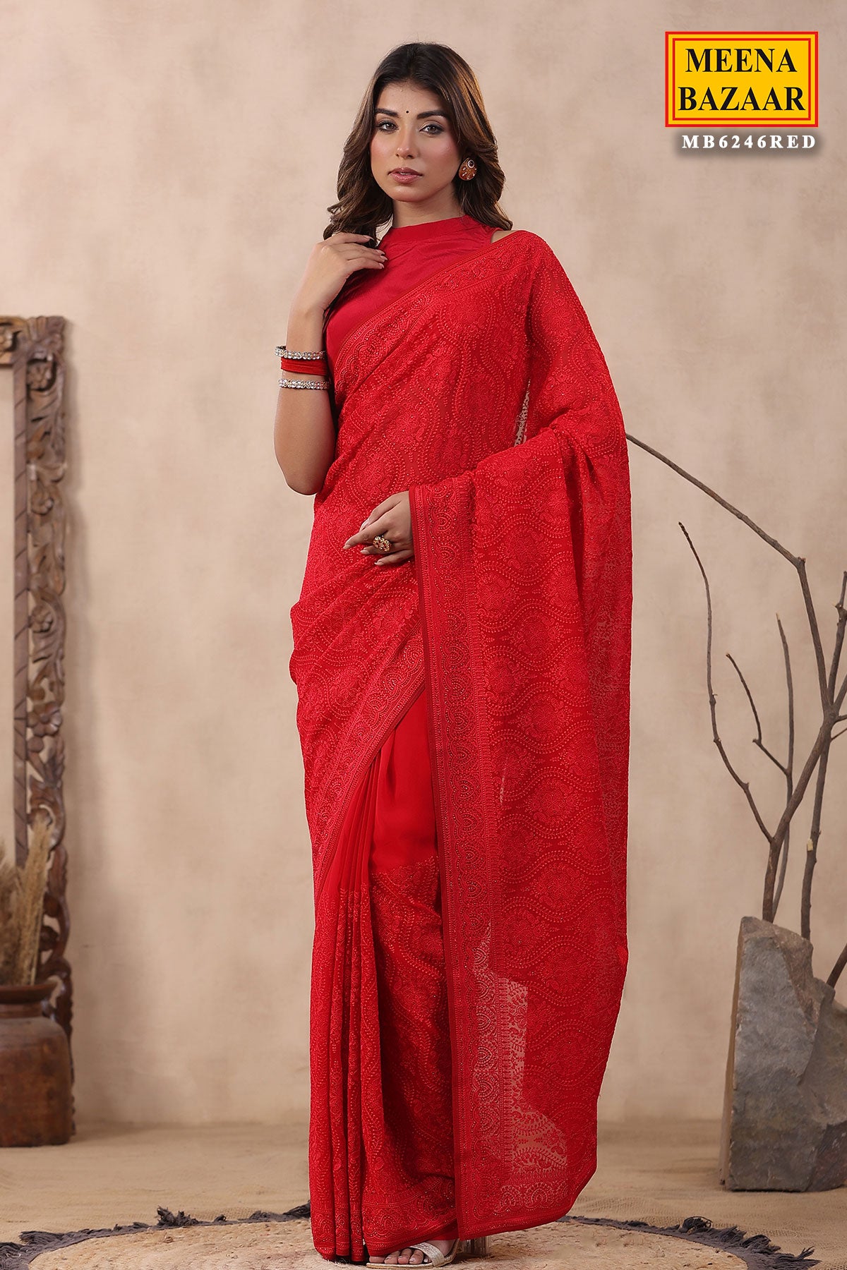 Red Georgette Floral Threadwork Embroidered Saree