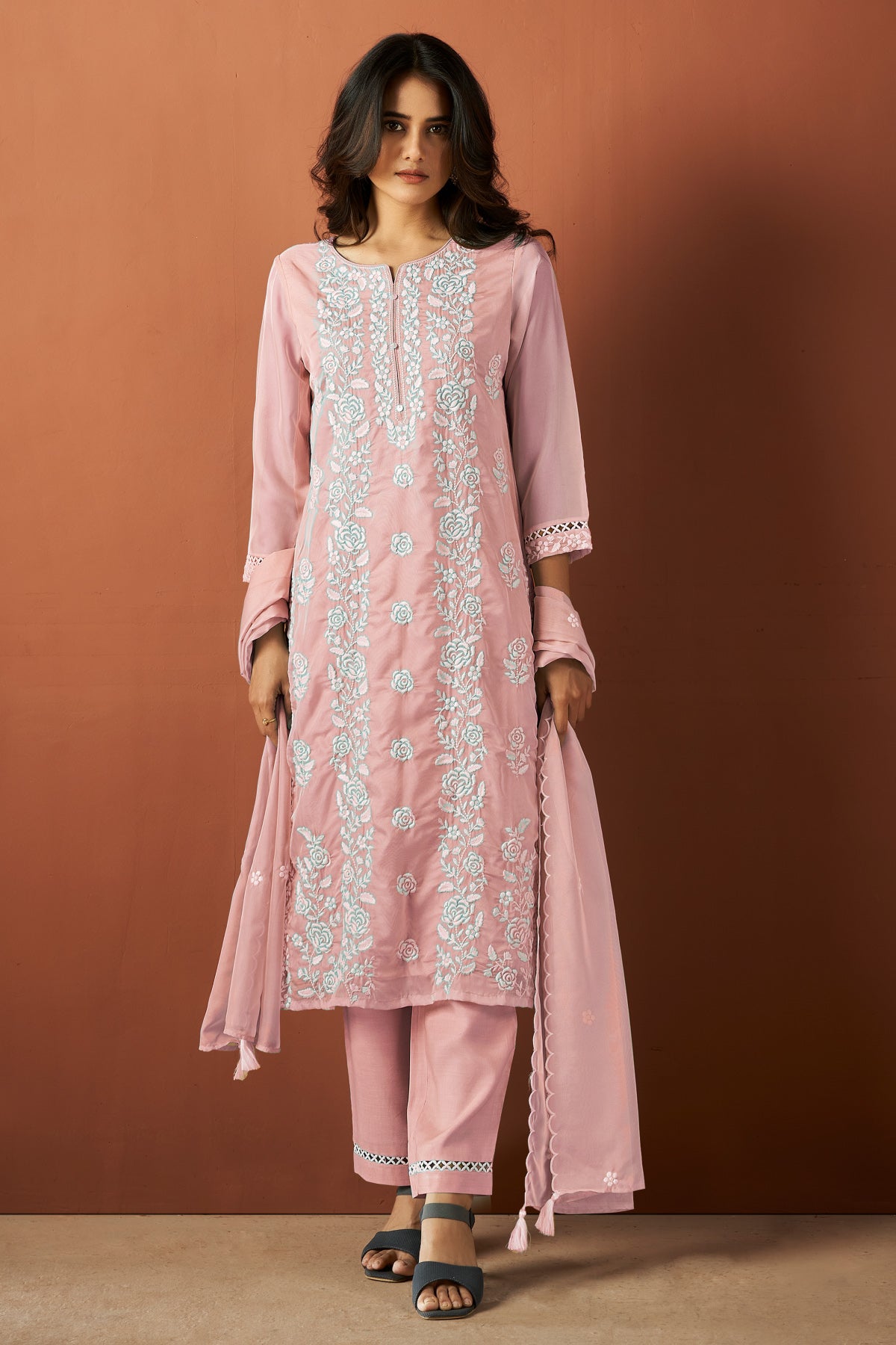 Peach Organza Thread Embroidered Suit Set