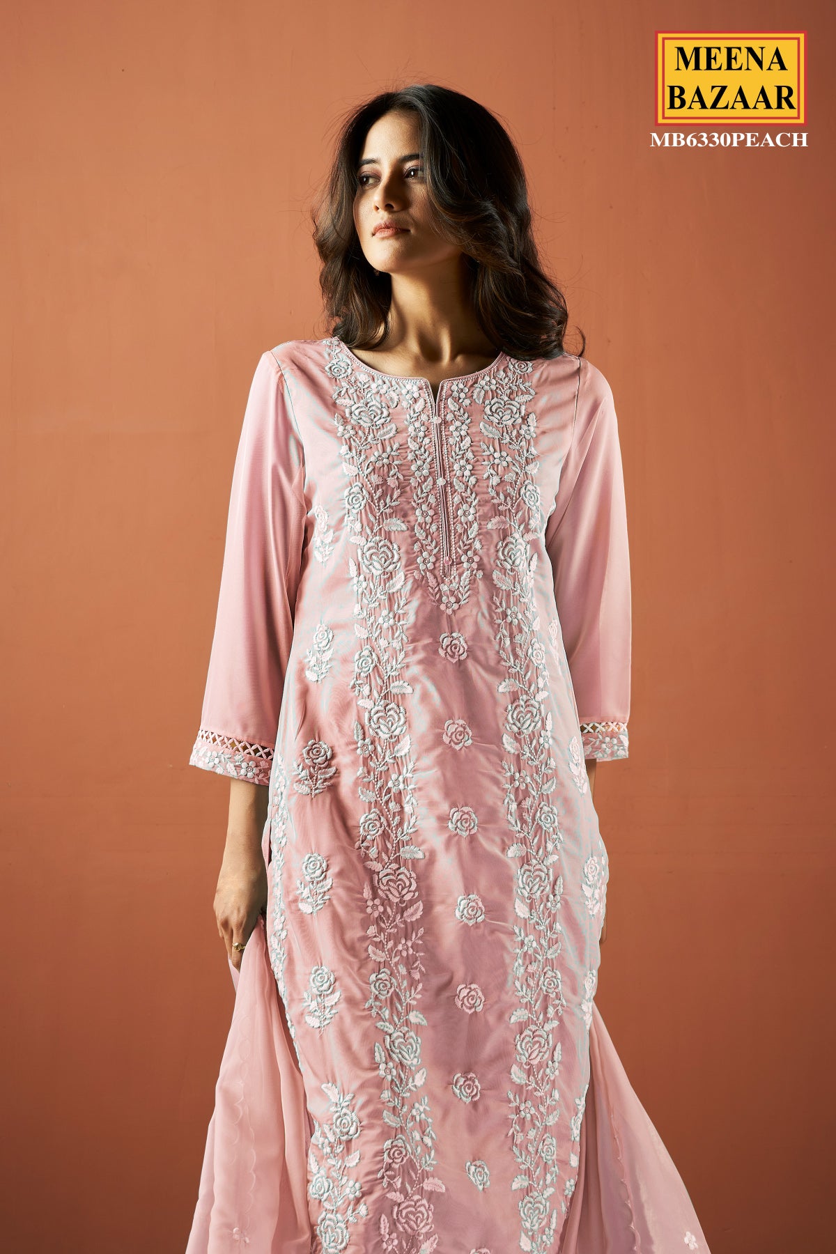 Peach Organza Thread Embroidered Suit Set