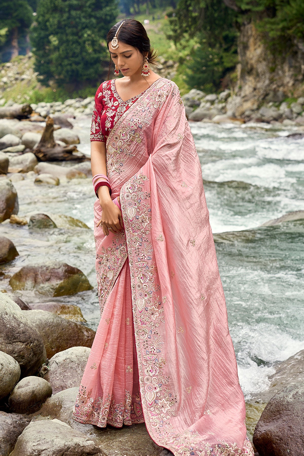 Pink Tissue Organza Embroidered Saree