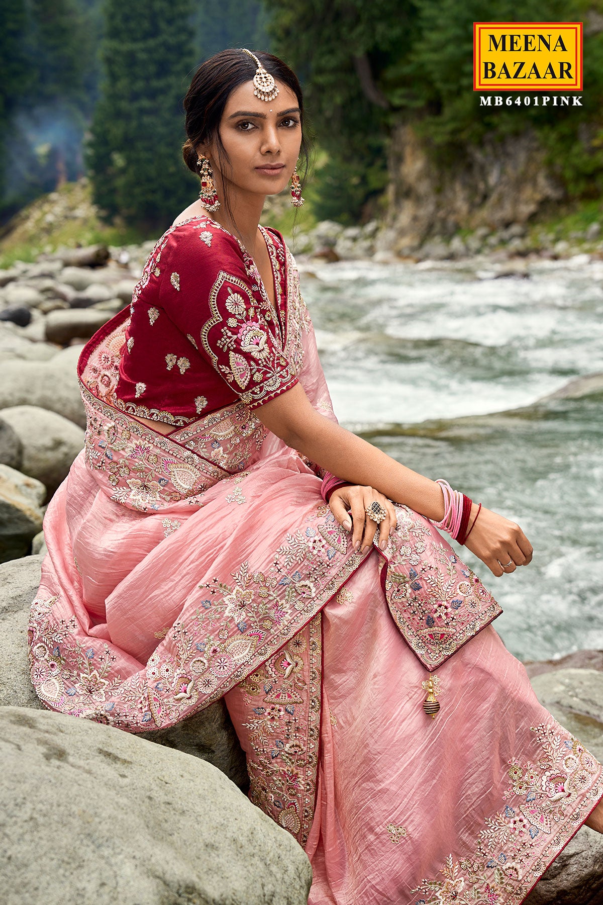 Pink Tissue Organza Embroidered Saree