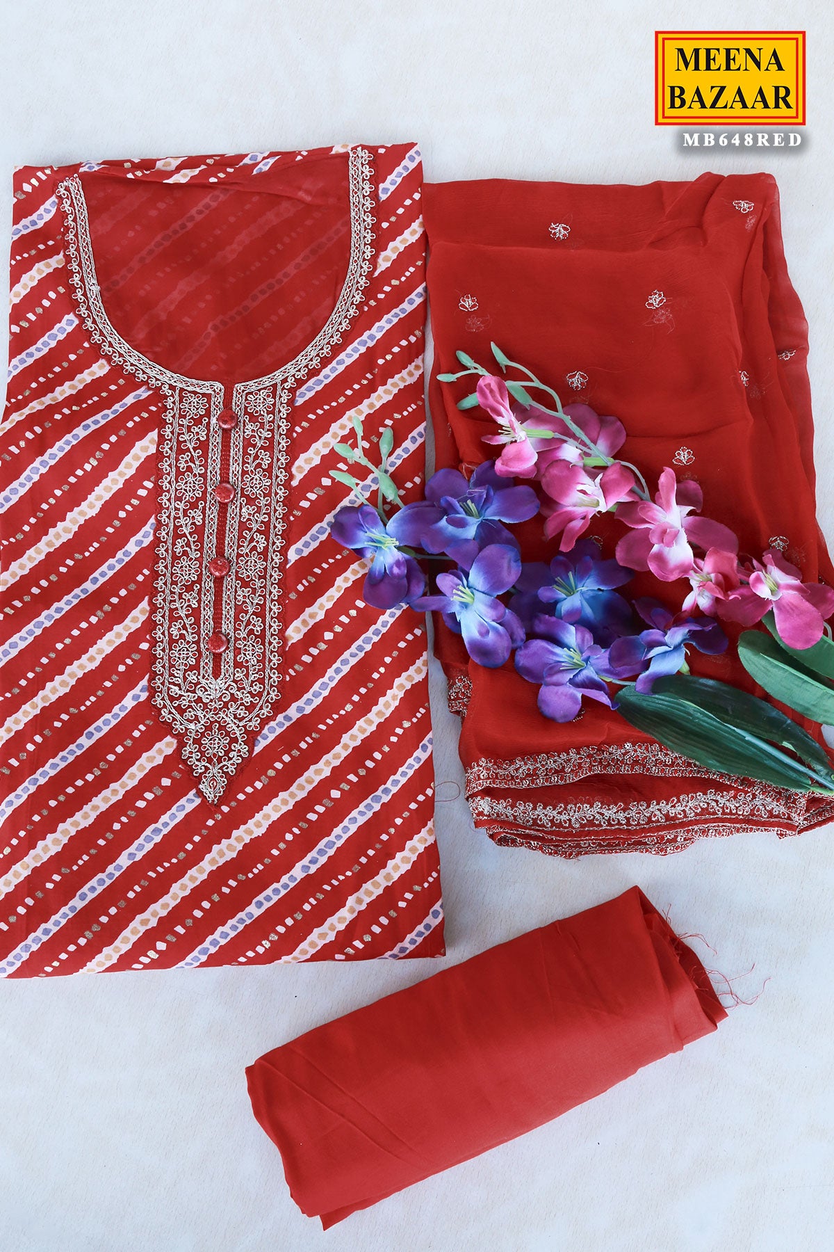 Red Modal Silk Printed Embroidered Suit Set