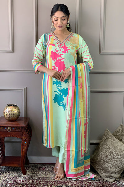 Multicolored Neck Embroidered Muslin Suit Set