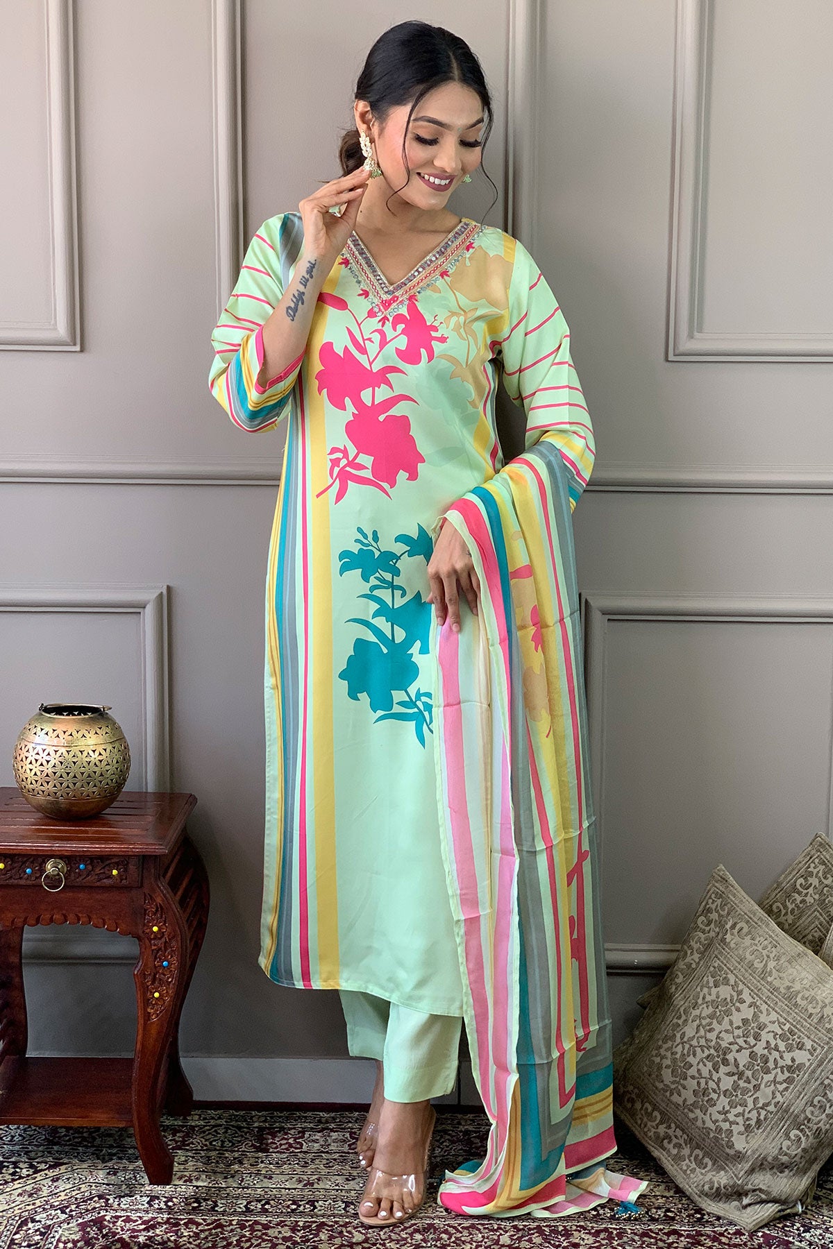Multicolored Neck Embroidered Muslin Suit Set