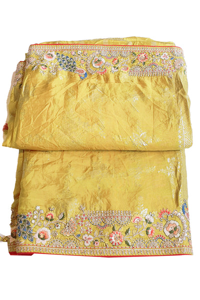 Mustard Banarsi Silk Zari Sequin Thread Embroidered Saree