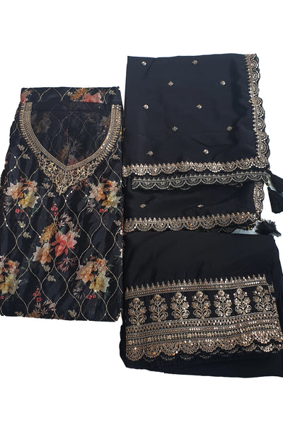 Black Crepe Floral Printed Sequins and Zari Embroidered Suit Set