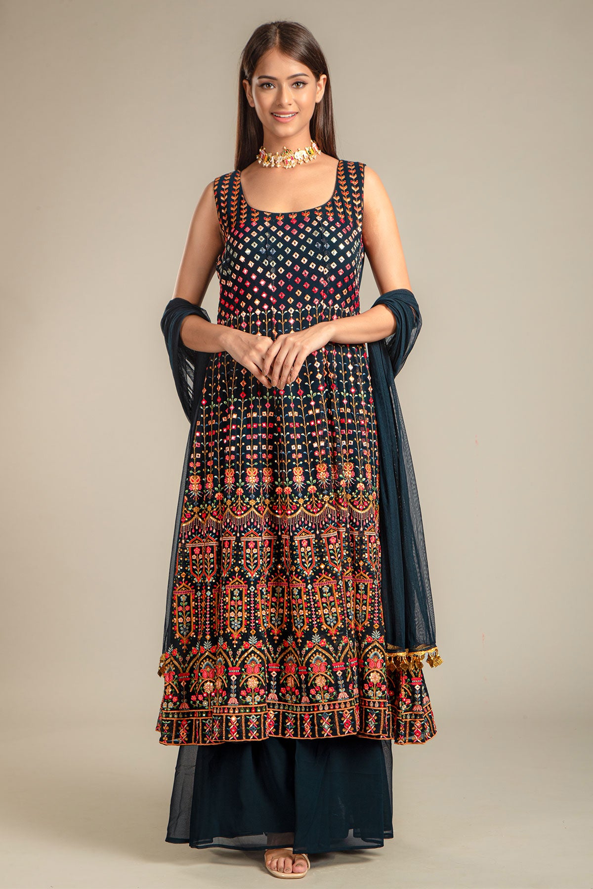 Navy Blue Georgette Anarkali Gharara Embroidered Suit