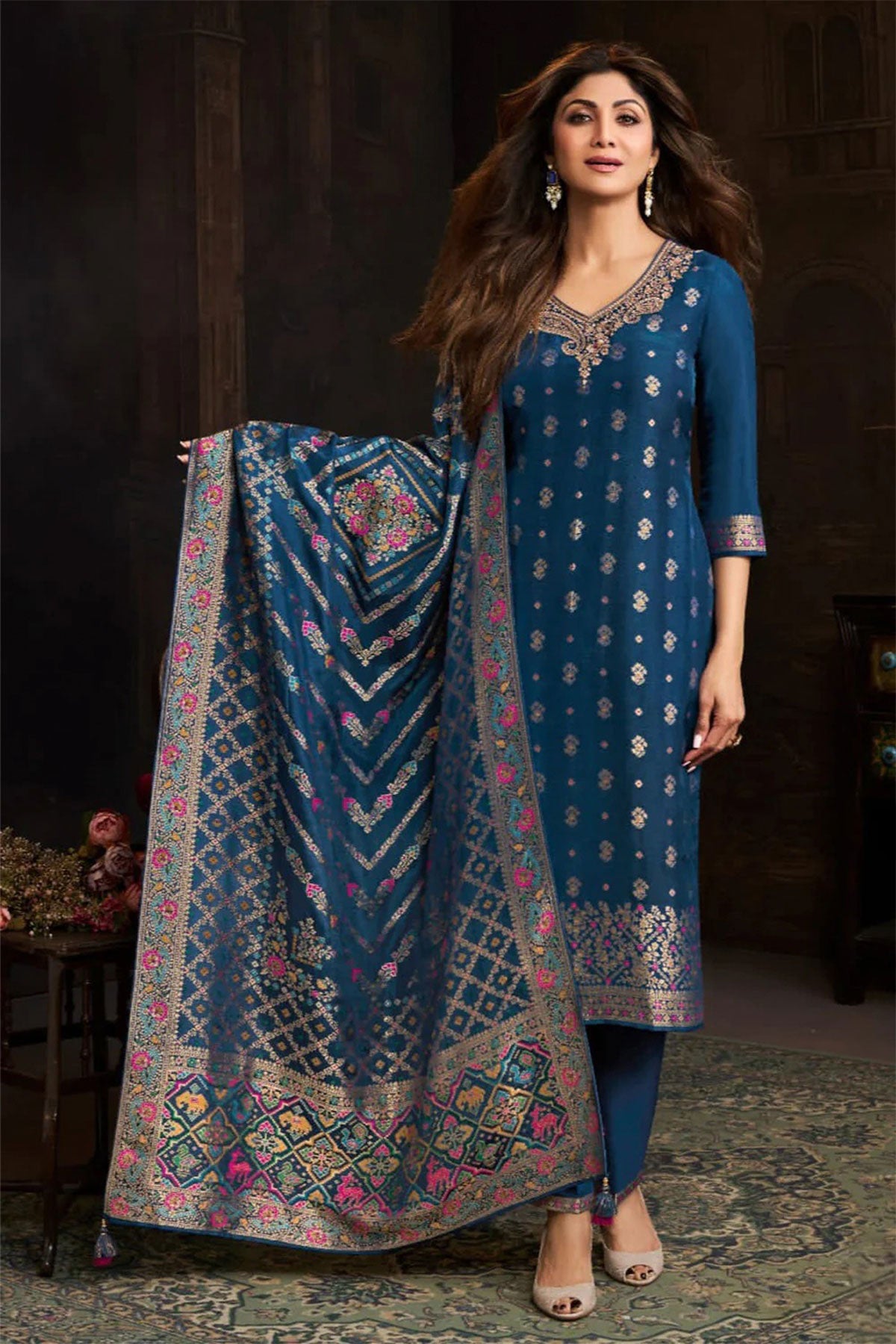 Blue Silk Ready Made Suit with Designer Neck Embroidery