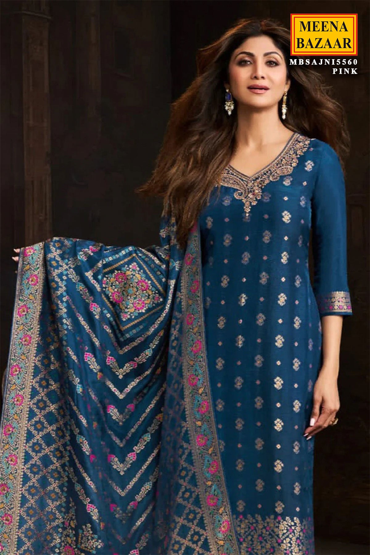 Blue Silk Ready Made Suit with Designer Neck Embroidery