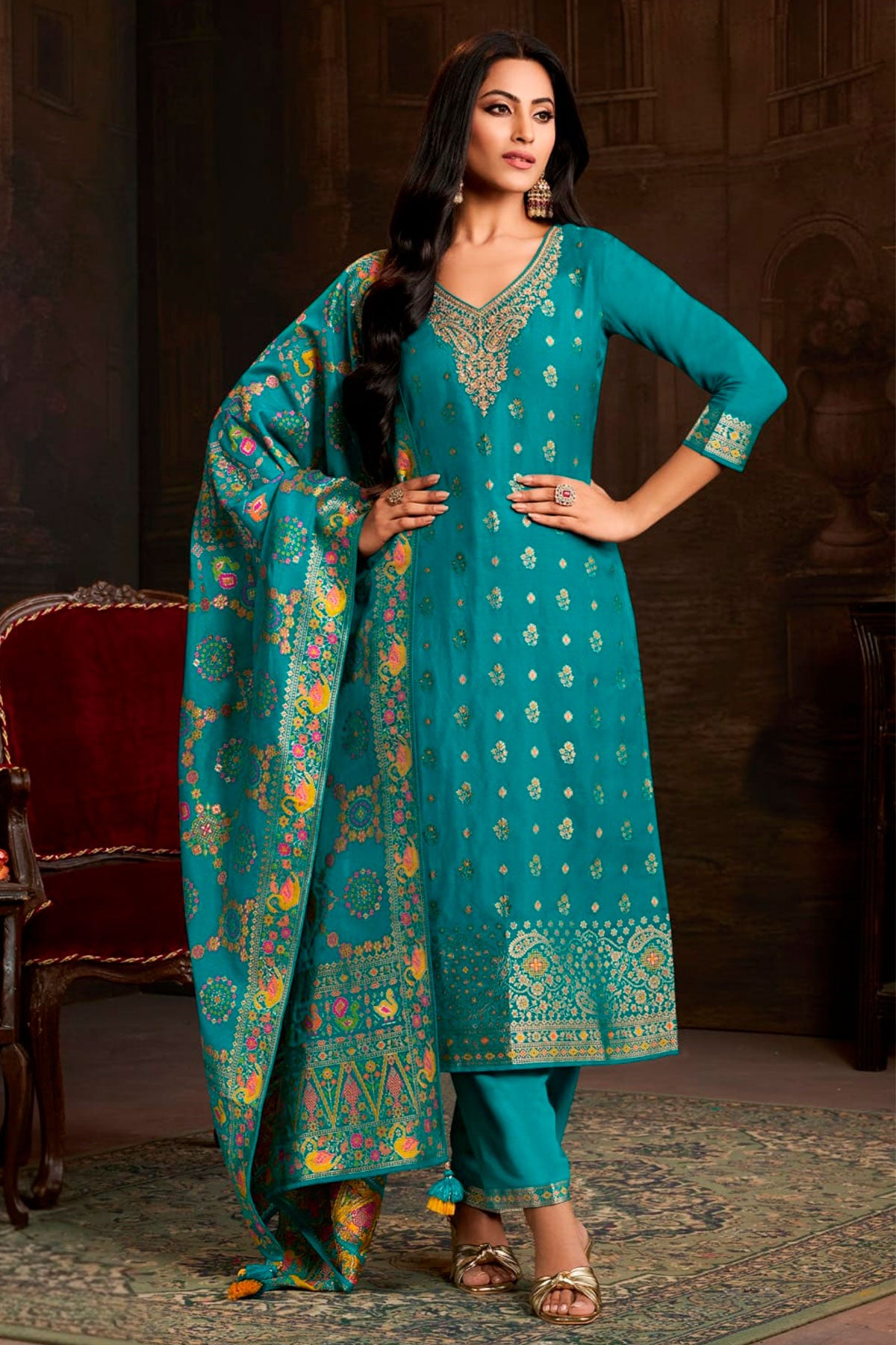Firozi Silk Ready Made Suit with Elegant Neck Embroidery