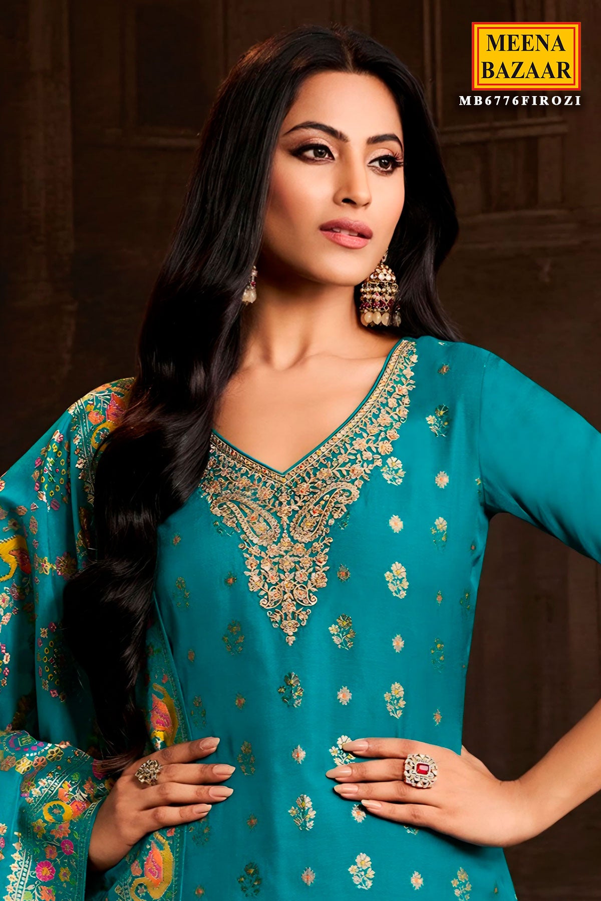 Firozi Silk Ready Made Suit with Elegant Neck Embroidery